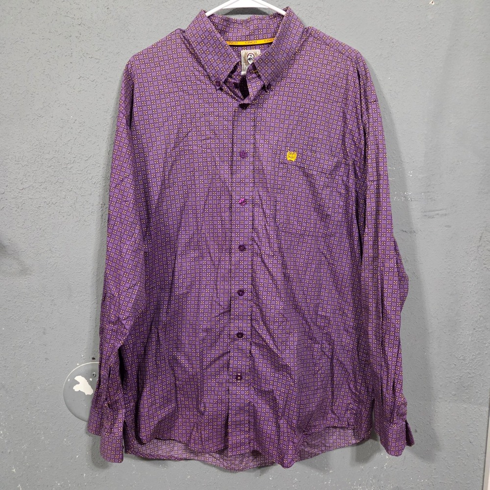 CINCH Mens Long Sleeve Button Down Shirt Purple Geometric Print Size L